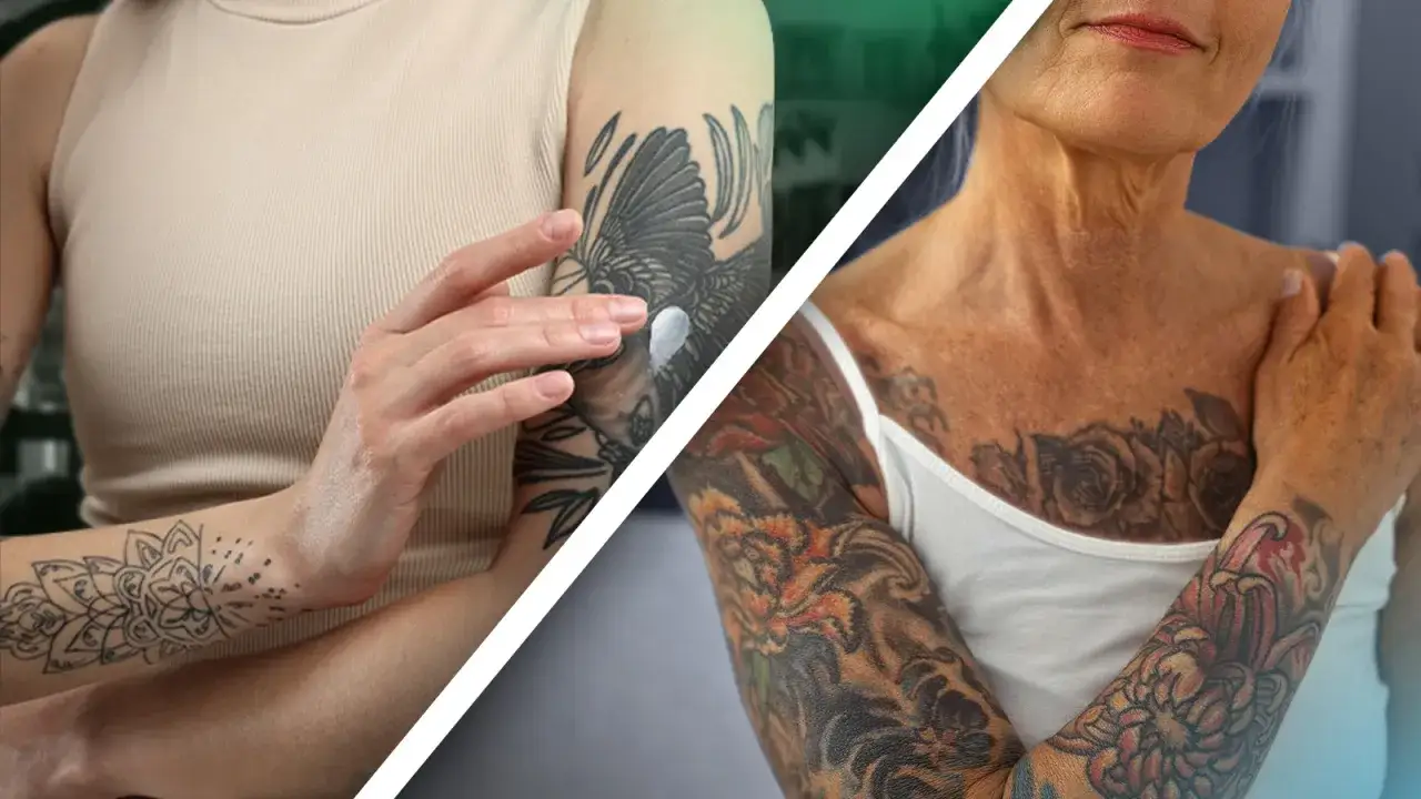 Zwei Frauen mit tätowierten Armen. Eine trägt eine weiße Creme auf ihr Tattoo auf.