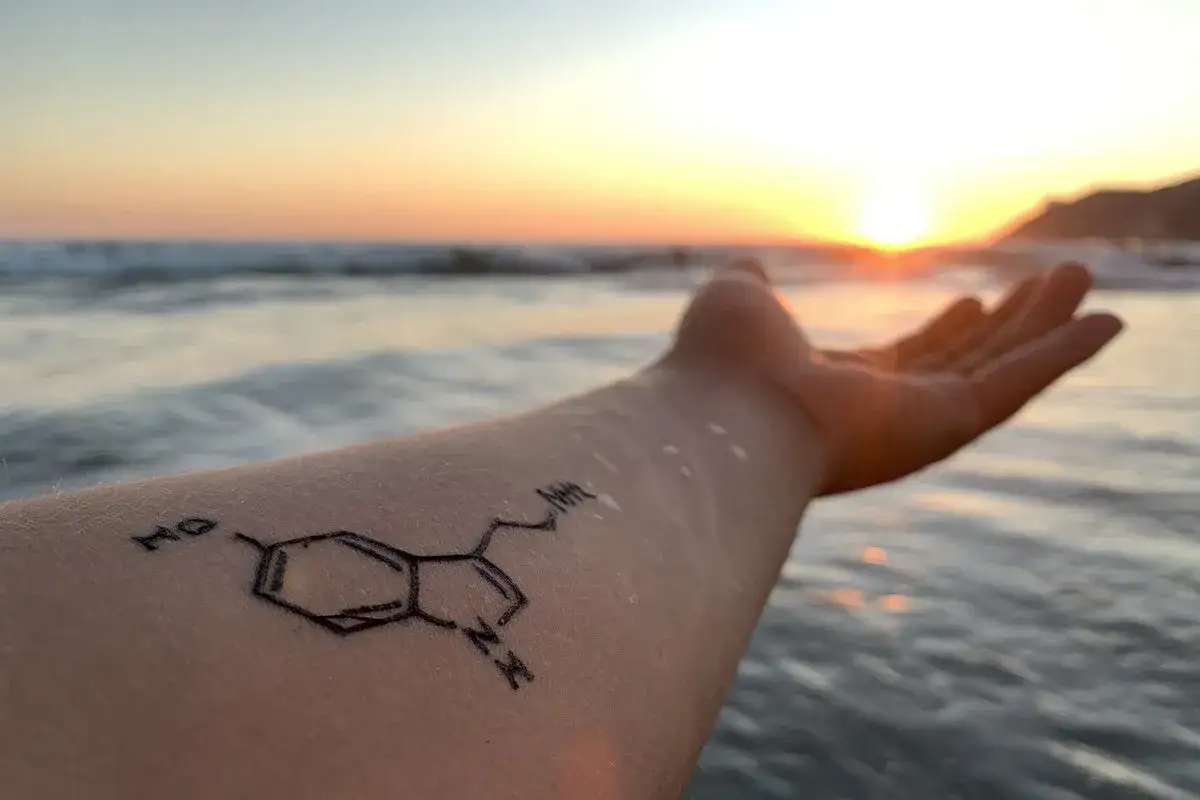 Ein Arm mit einem Tattoo der chemischen Formel von Serotonin vor einer wunderschönen Sonnenuntergangsszene am Meer.