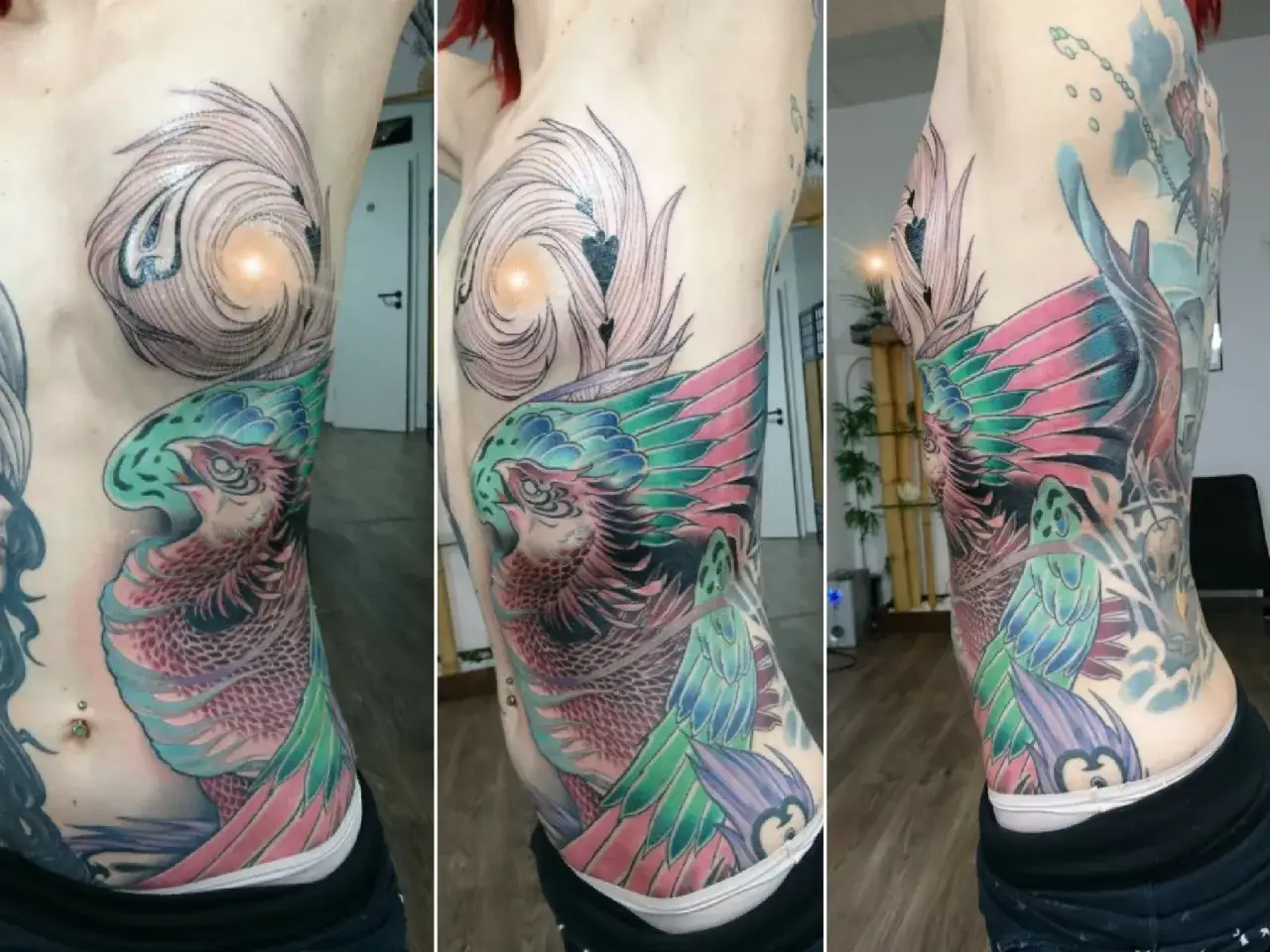 Ein farbenprächtiges Intimtattoo eines Mannes zeigt einen stilisierten Vogel mit wirbelnden Federn und einem leuchtenden Zentrum.