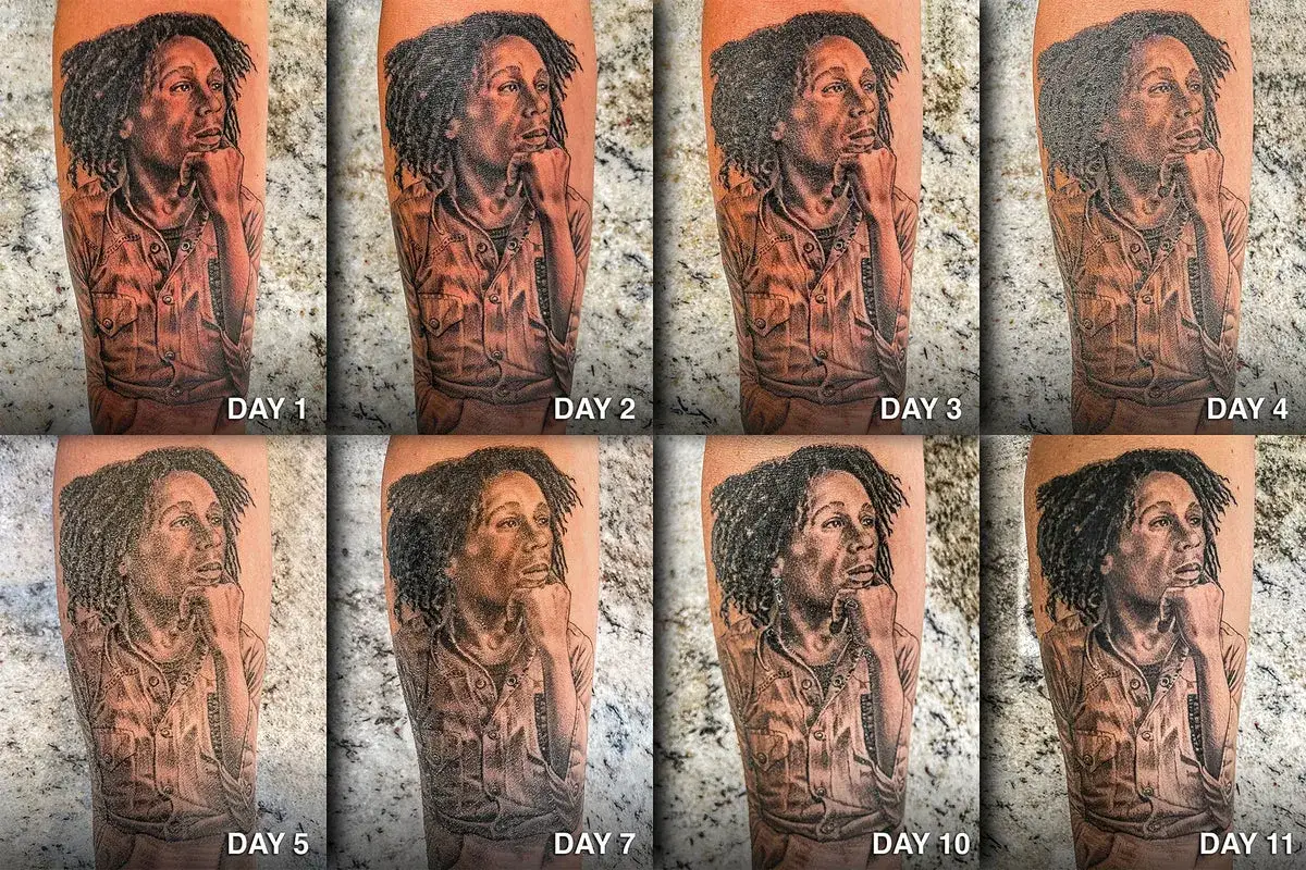 Bob Marley Tattoo Heilung: Acht Bilder zeigen die Entwicklung der Tattoo Wunde vom ersten Tag bis zum elften Tag.