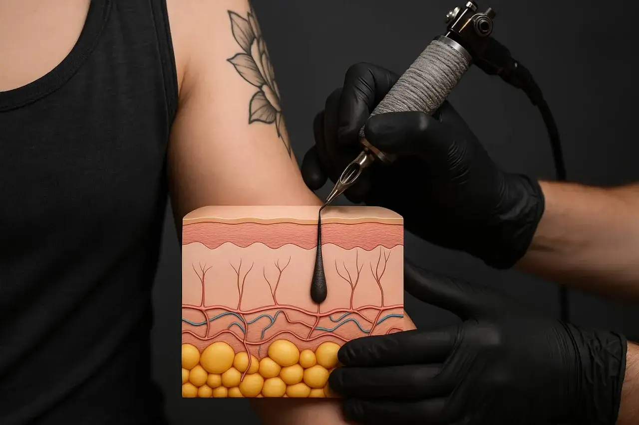 Detailansicht der Hautschichten, die die korrekte Tattoo-Tiefe zeigt, während eine Tätowiermaschine arbeitet.