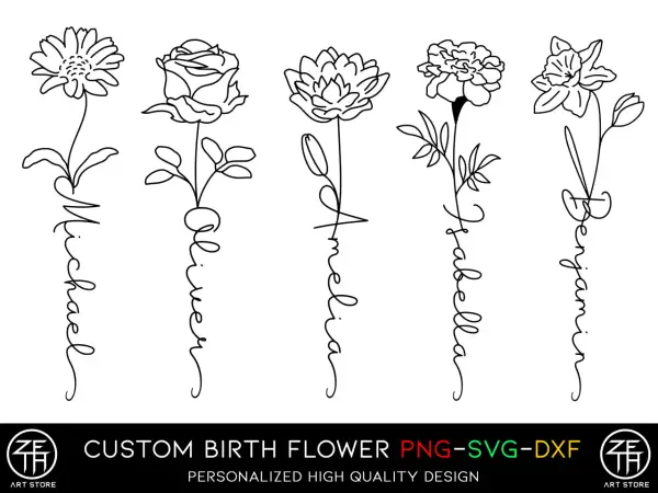 Fünf stilisierte Blumen mit Namen darunter: Michael, Oliver, Amelia, Isabella, Benjamin. Ein schönes Tattoo-Name-mit-Blume-Design.