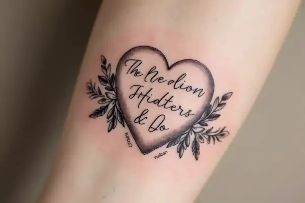 Ein Herz-Tattoo mit dem Schriftzug "The Nedion Ffidters & Do", umrahmt von Zweigen. Ein bleibendes Andenken an den Verlust eines Menschen.