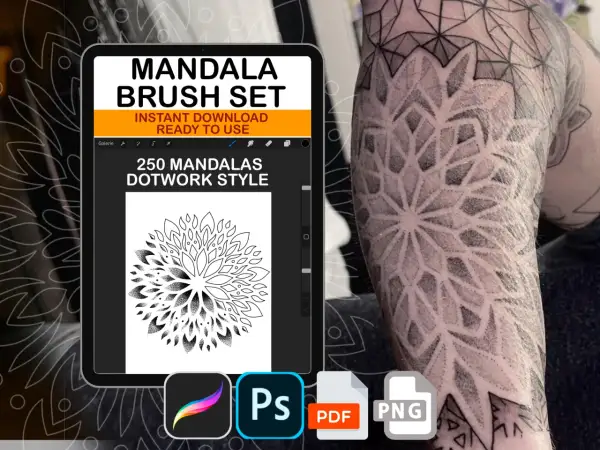 Ein Tablet zeigt einen Mandala-Pinsel-Set-Download. Daneben ein Arm mit einem detaillierten Tattoo im Dotwork-Stil, das geometrische Muster und Punkte nutzt.