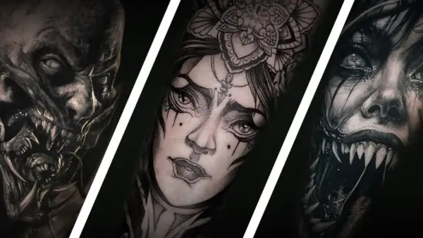 Drei detaillierte Blackwork Tattoos auf einem Männerarm: ein gruseliges Monstergesicht, eine Frau mit Blumenkranz und ein weiteres furchteinflößendes Wesen.