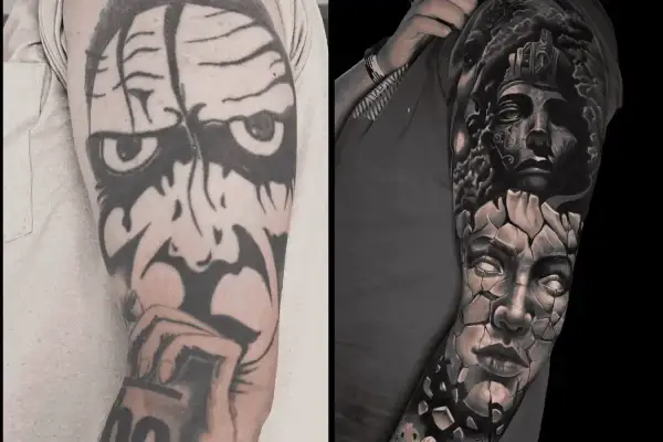 Vorher/Nachher: Ein altes, grobes Tattoo auf dem linken Arm wird zu einem detailreichen, zerbrechenden Gesicht mit antiker Statue auf dem rechten Arm. Ein beeindruckendes linien tattoo arm Kunstwerk.