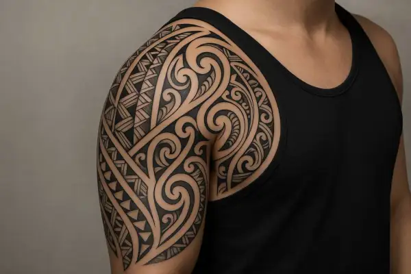 Ein detailreiches Maori-Tattoo bedeckt die Schulter und den Oberarm einer Person. Die komplexen Muster erzählen eine Geschichte von Tradition und Stärke.