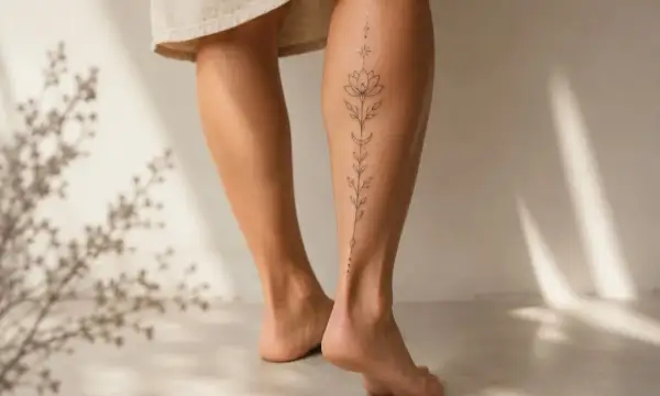 Ein zartes Tattoo mit Lotusblume, Mond und Sternen ziert den Wade eines Mannes.