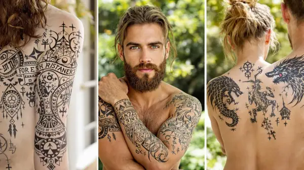 Drei Personen mit beeindruckenden Wikinger Schrift Tattoos. Ein Mann mit grünen Augen und Bart trägt kunstvolle Muster auf den Armen.