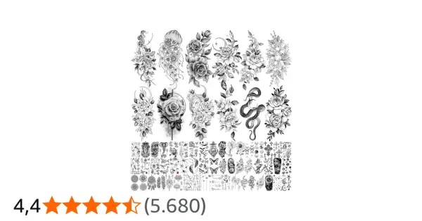 Viele temporäre Tattoo-Motive: Rosen, Schlangen, Quallen, Löwen. Ideal für alle, die den tattoo dauer testen möchten.
