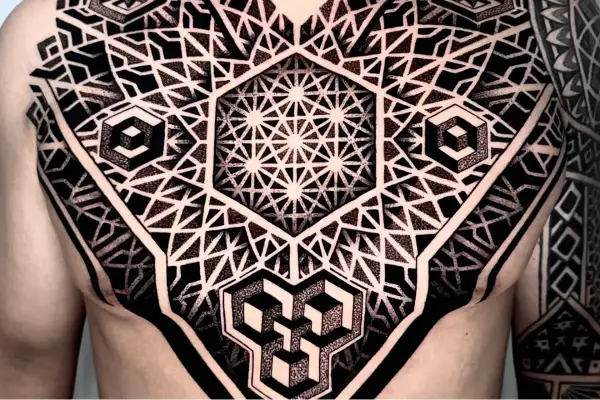 Geometrisches Brusttattoo mit komplexen Mustern und optischen Täuschungen, inspiriert von patchwork tattoo vorlagen.
