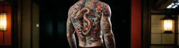 Ein Mann trägt ein beeindruckendes Tattoo mit einem Drachen, Kirschblüten und Wellen, das traditionelle japanische Tattoos repräsentiert.