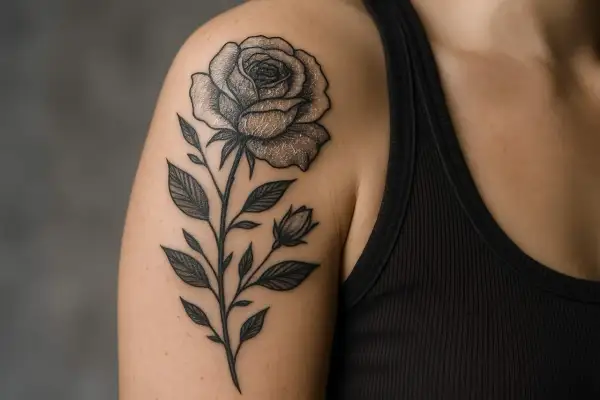 Ein detailliertes Rosen-Tattoo mit silberner Haut-Optik ziert die Schulter.