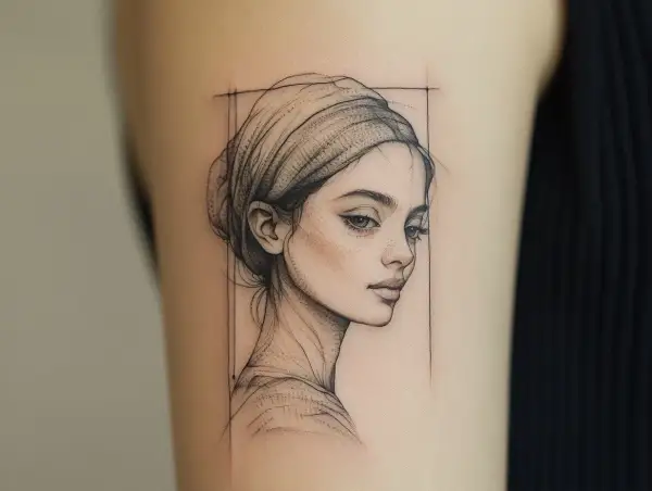 Feine Linienkunst: Ein Porträt einer Frau mit Kopftuch, ein Beispiel für ein stilvolles Tattoo.