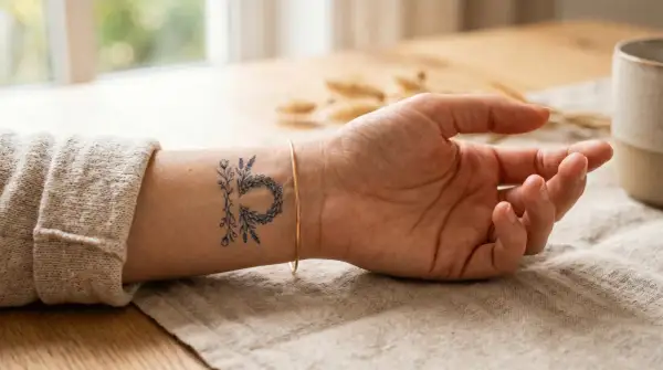 Ein zartes Blumen-Tattoo auf dem Handgelenk, das den Buchstaben "P" formt. Ein wirklich beste tattoo Idee für Naturliebhaber.