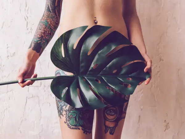 Körper mit detaillierten Tätowierungen, die sich über Arm und Beine erstrecken. Ein großes Monstera-Blatt verdeckt den Intimbereich, ein subtiler Hinweis auf ein intim tattoo.
