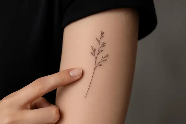 Ein zartes Zweiglein-Tattoo, ein feines striche tattoo, ziert den Arm.