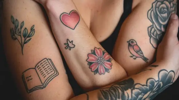Viele kleine Tattoos am Arm eines Mannes: ein Herz, ein Vogel, eine Blume, ein Buch und Zweige.