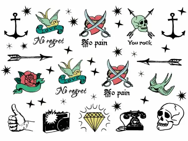 Sammlung von old school tattoo Motiven: Anker, Schwalben mit "LOVE", gekreuzte Säbel über Herz, Totenkopf mit Pfeilen, Rose, Daumen hoch, Kamera, Diamant, Telefon.