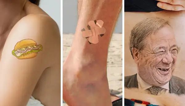 Ein Fischbrötchen-Tattoo auf der Schulter, ein Pflaster-Tattoo am Knöchel und ein Porträt-Tattoo eines Mannes mit Brille – das sind die besten Tattoos für jeden Geschmack.
