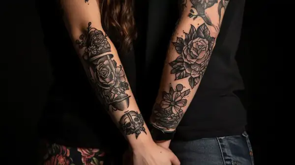Zwei Arme mit detailreichen Tattoos: Rosen, eine Sanduhr und ein Totenkopf. Ein Symbol für ewige Liebe, das als Partner Tattoo verewigt wurde.